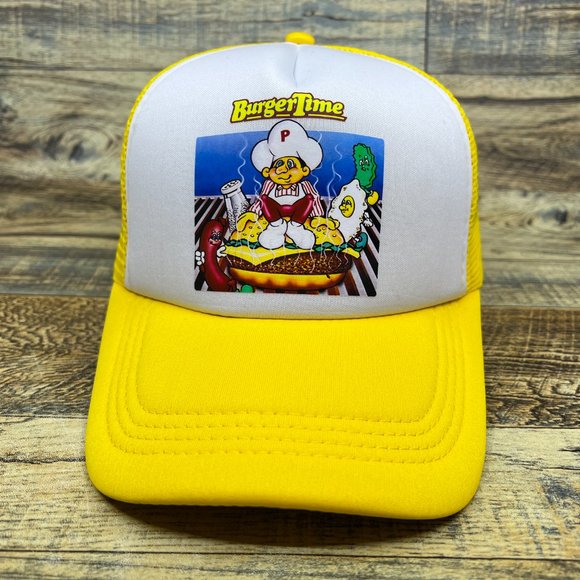 Burger Time Mens Trucker Hat Yellow Snapback 1981 Arcade Retro Video Game Cap - Picture 2 of 8
